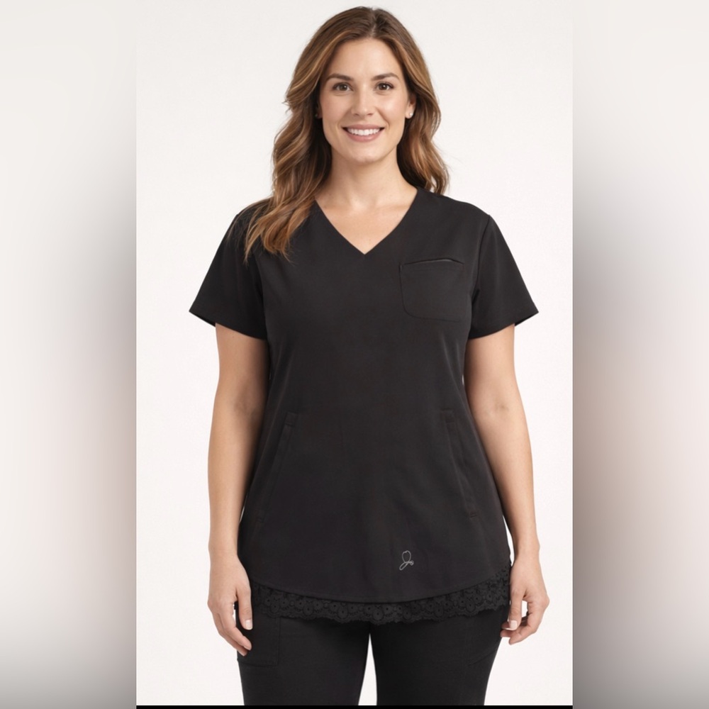 Jaanuu Black V-Neck Scrub Top with Lace Hem